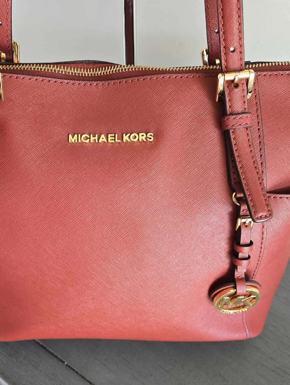 Michael Kors Jet Set  Brick Red Saffiano Leather Tote with Gold MK Charm